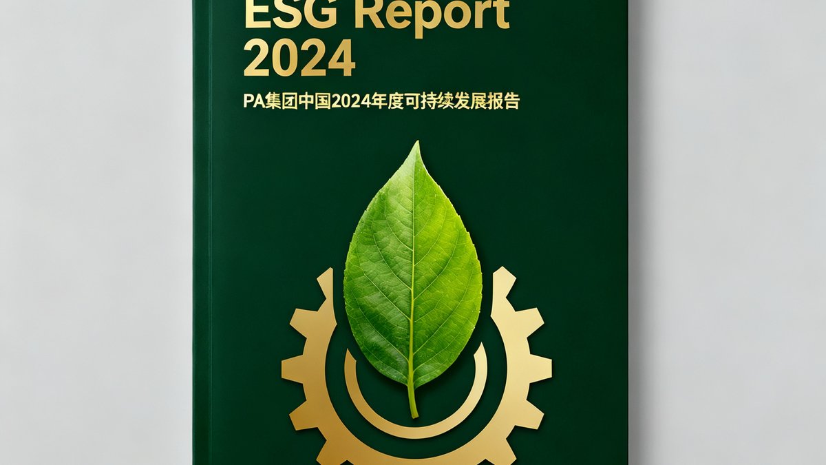 PA集团中国2024年度可持续发展报告封面，封面采用深绿色调，印有'ESG Report 2024'金色标题和一片绿叶与齿轮融合的图形元素