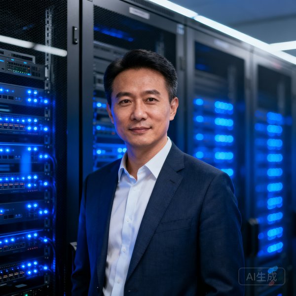 数据总监陈志远站在现代化服务器机房前的半身照，身后蓝色指示灯阵列显示系统运行状态，展现技术实力